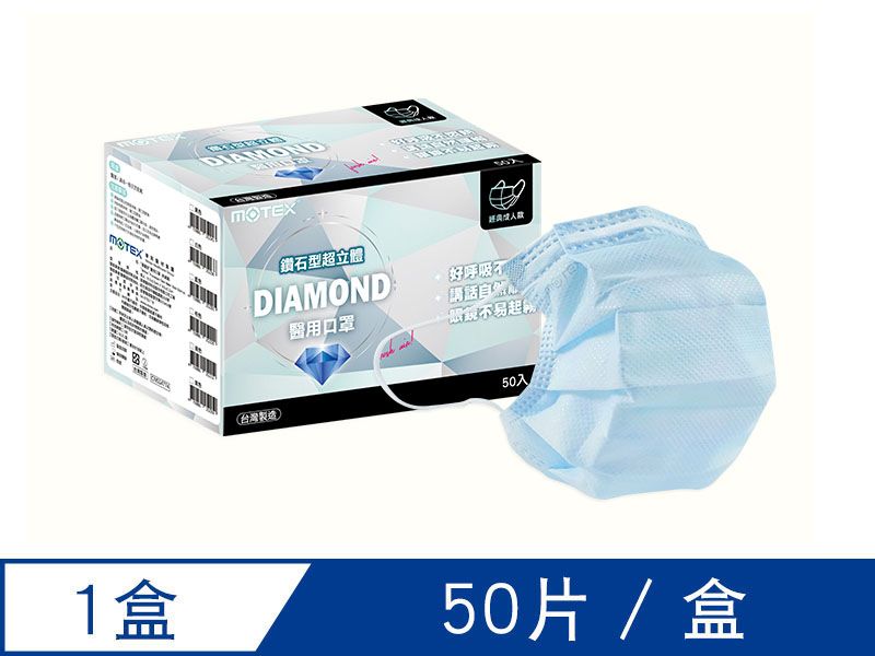 【鑽石L】摩戴舒 醫用口罩(未滅菌)-鑽石型成人口罩(50片裸裝/盒)-藍色