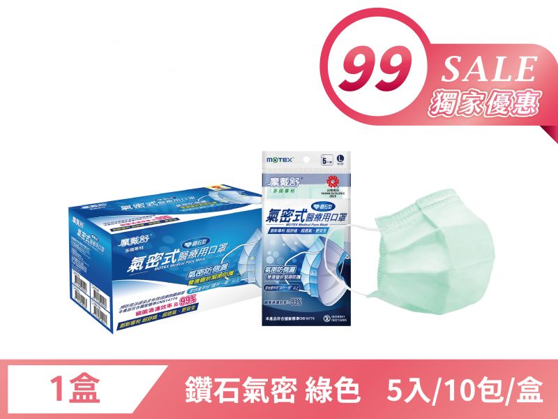 【限時優惠】鑽石型氣密式口罩(5片/包,10包/盒)-綠色 (到期日2026/1)