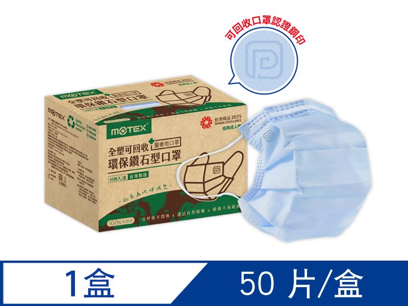 摩戴舒 醫療用口罩 (未滅菌)-可回收鑽石環保口罩(50片/盒)-冰湖藍